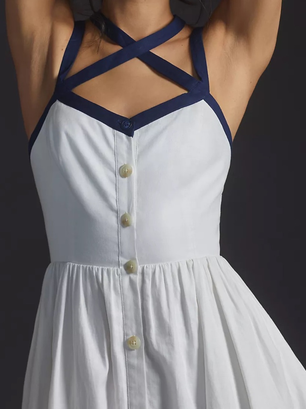 Maeve Strappy Button-Front White Midi Button-Front Dress with Navy Straps Sz 8 - Picture 4 of 16